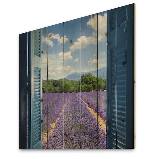 Designart - Lavender Field Through Blue Open Cottage Window